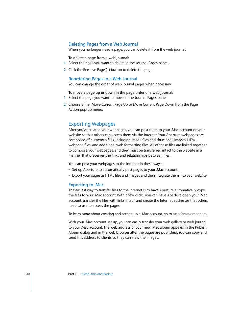 Exporting to .mac, P. 348), Exporting webpages | Apple Aperture User Manual | Page 348 / 476