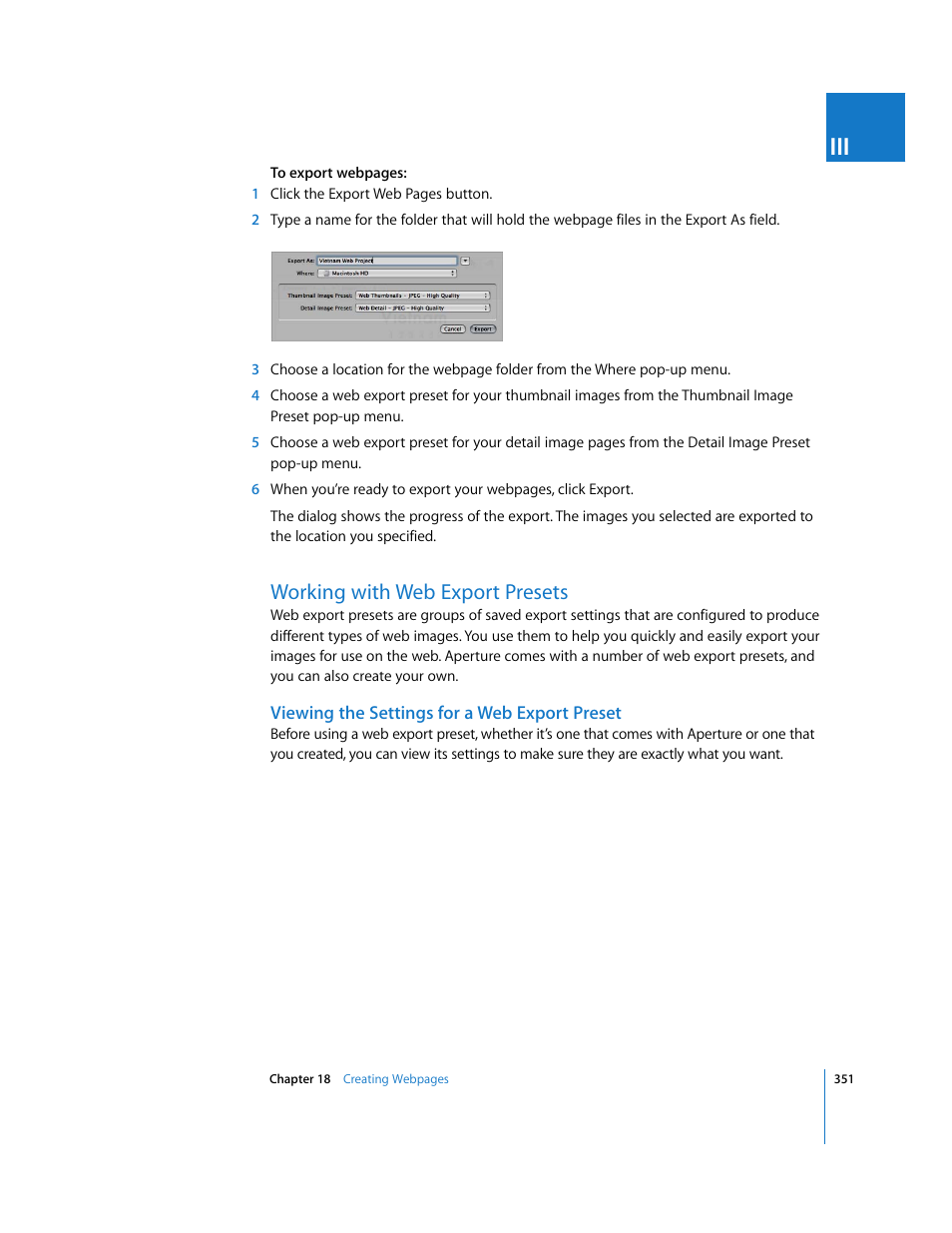 Working with web export presets, Viewing the settings for a web export preset, P. 351) | Apple Aperture User Manual | Page 351 / 476