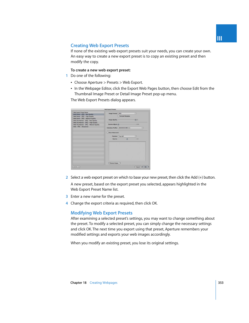 Creating web export presets, Modifying web export presets | Apple Aperture User Manual | Page 353 / 476