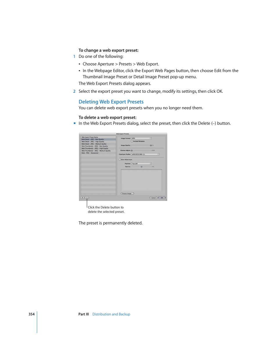 Deleting web export presets | Apple Aperture User Manual | Page 354 / 476