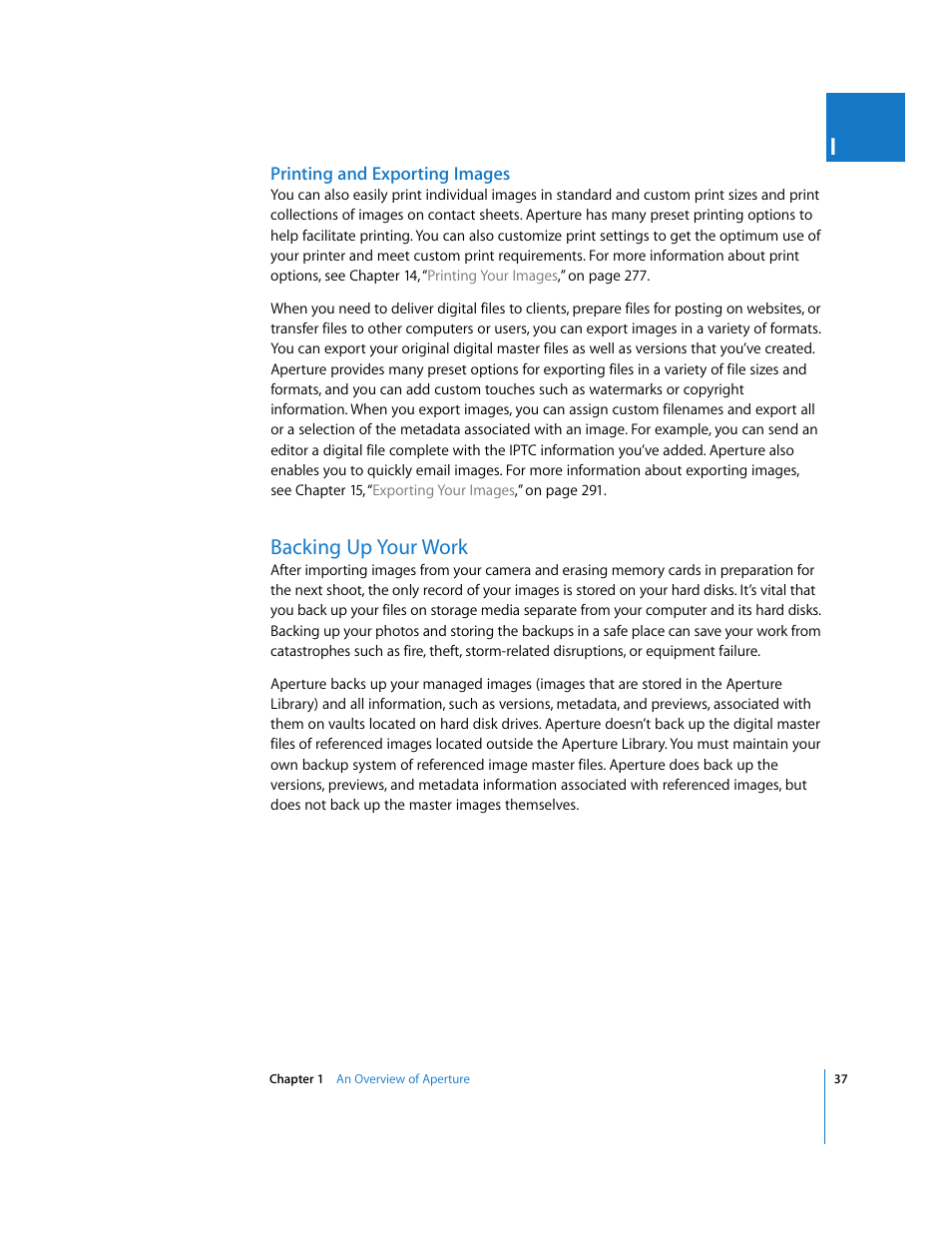 Printing and exporting images, Backing up your work | Apple Aperture User Manual | Page 37 / 476
