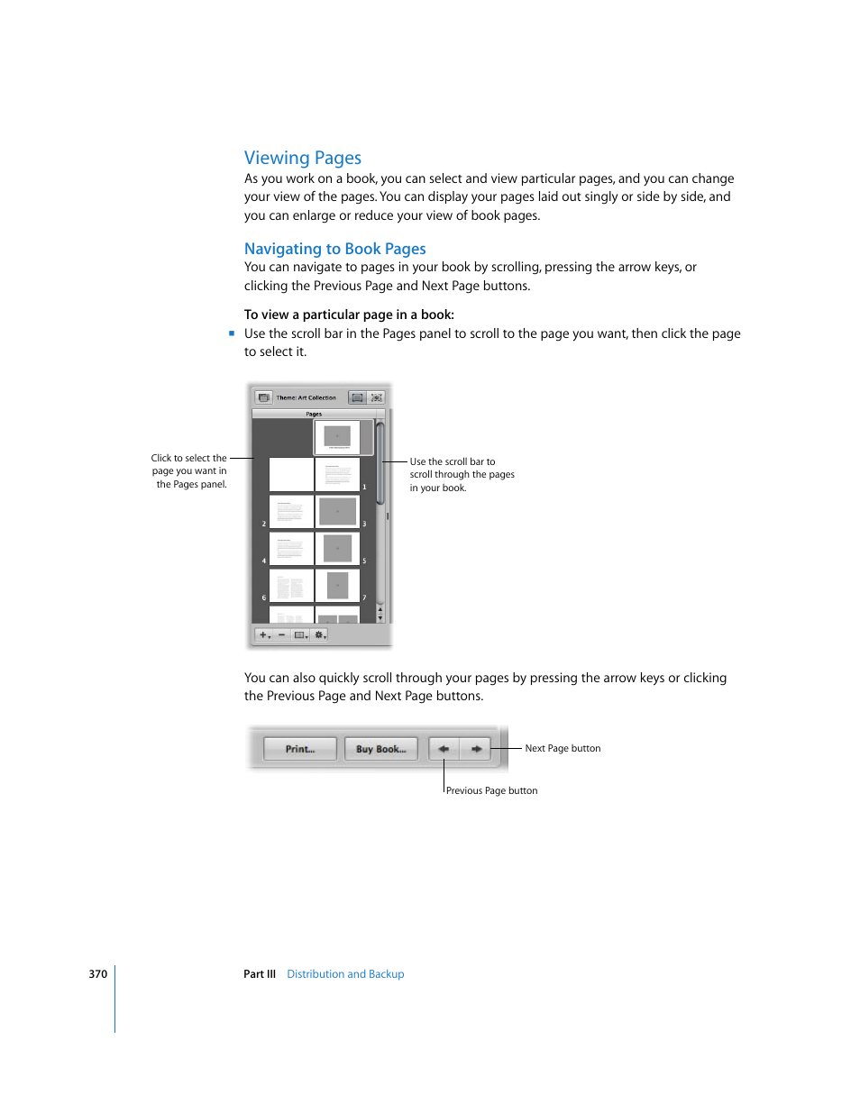 P. 370), Viewing pages, Navigating to book pages | Apple Aperture User Manual | Page 370 / 476