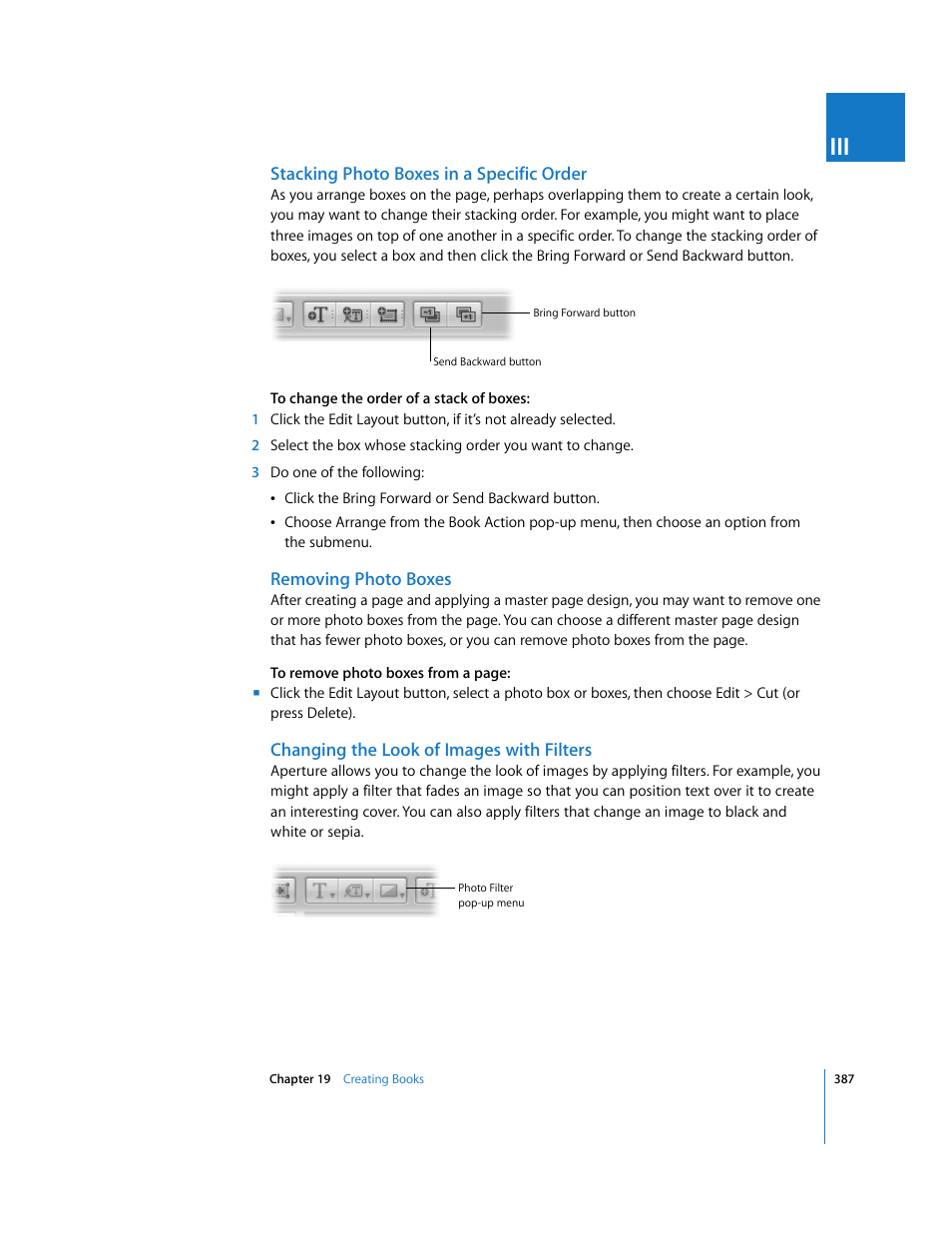 Stacking photo boxes in a specific order, Removing photo boxes, Changing the look of images with filters | Apple Aperture User Manual | Page 387 / 476