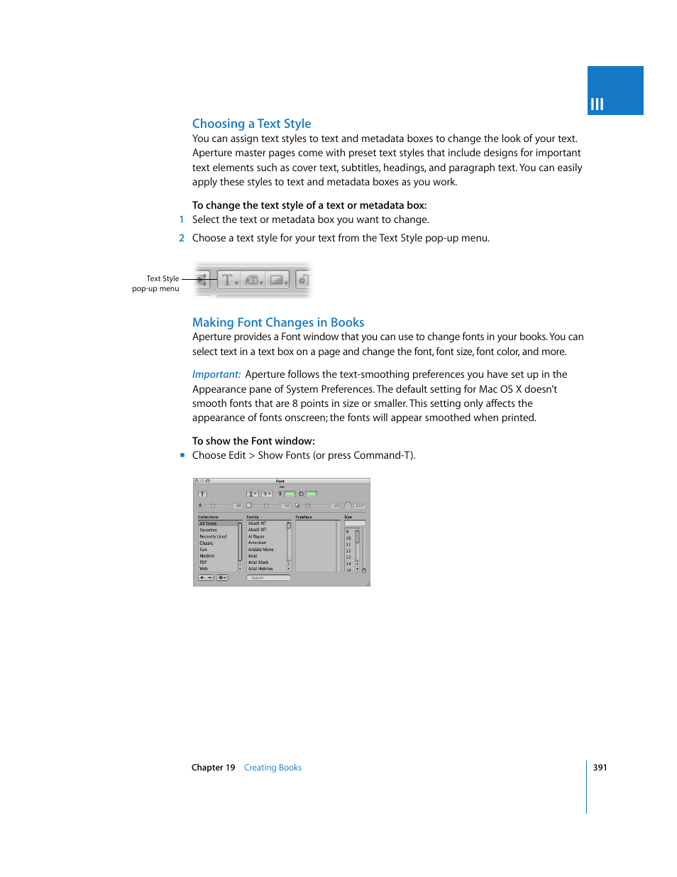 Choosing a text style, Making font changes in books | Apple Aperture User Manual | Page 391 / 476