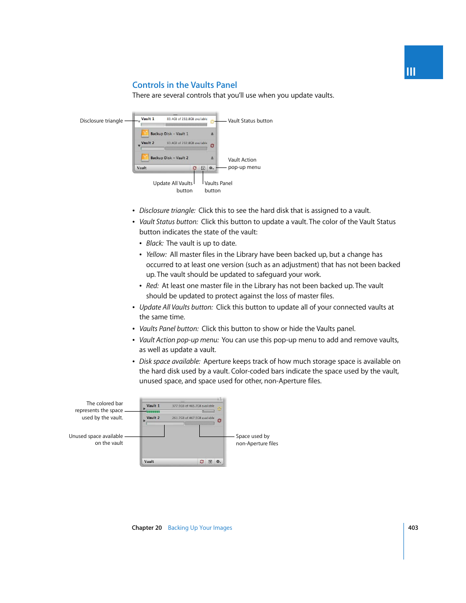 Controls in the vaults panel | Apple Aperture User Manual | Page 403 / 476