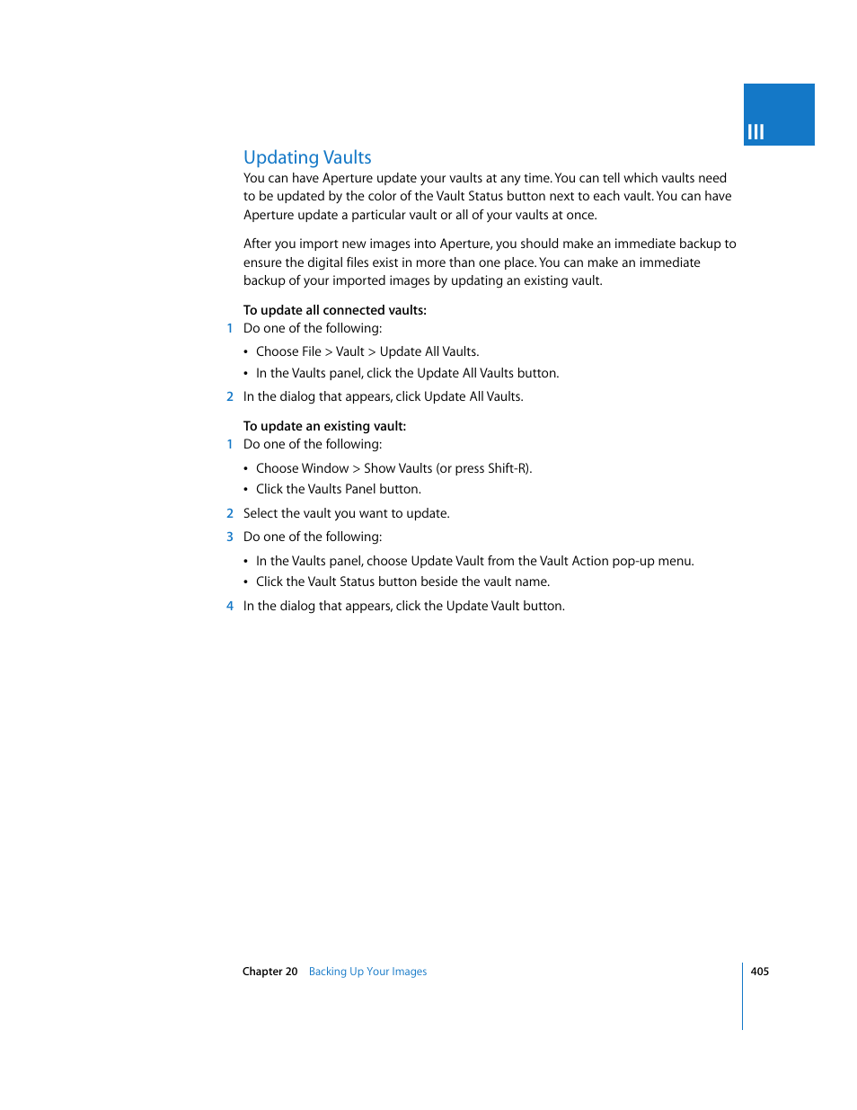 Updating vaults, P. 405) | Apple Aperture User Manual | Page 405 / 476