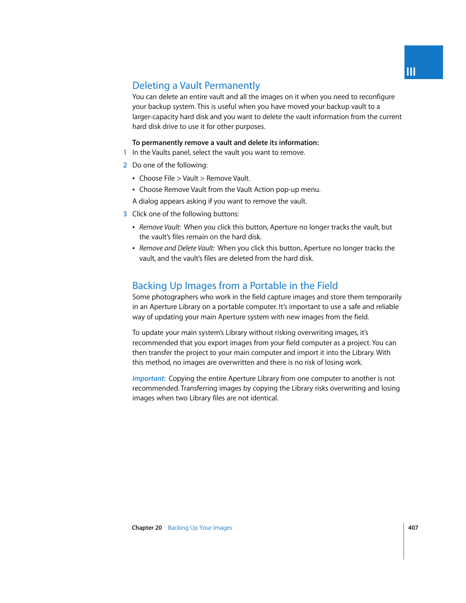 Deleting a vault permanently, Backing up images from a portable in the field, P. 407) | Apple Aperture User Manual | Page 407 / 476