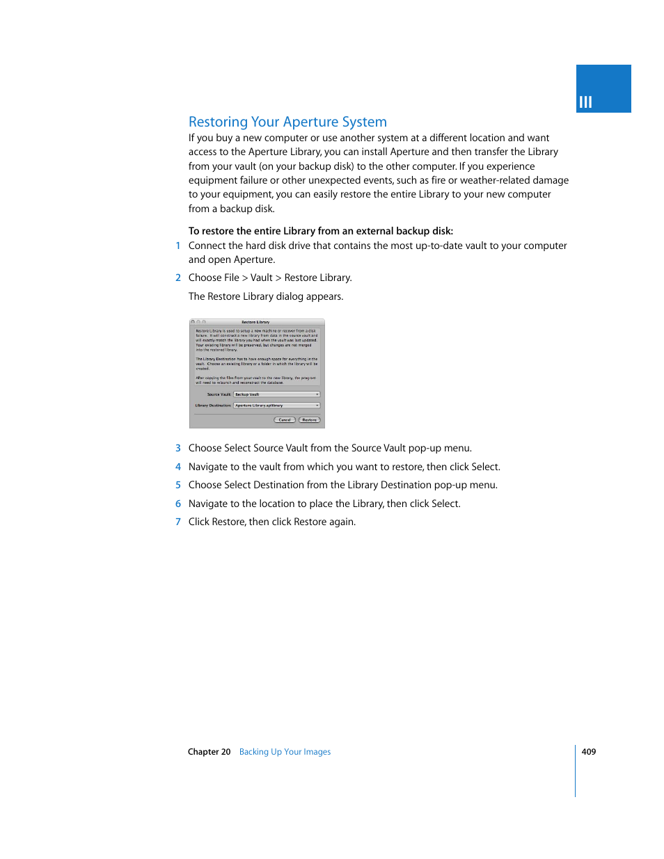 Restoring your aperture system, P. 409), Restoring your aperture | System | Apple Aperture User Manual | Page 409 / 476