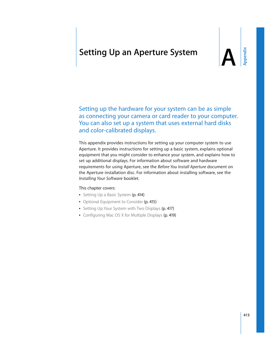 Setting up an aperture system, Appendix a, See appendix a | Apple Aperture User Manual | Page 413 / 476