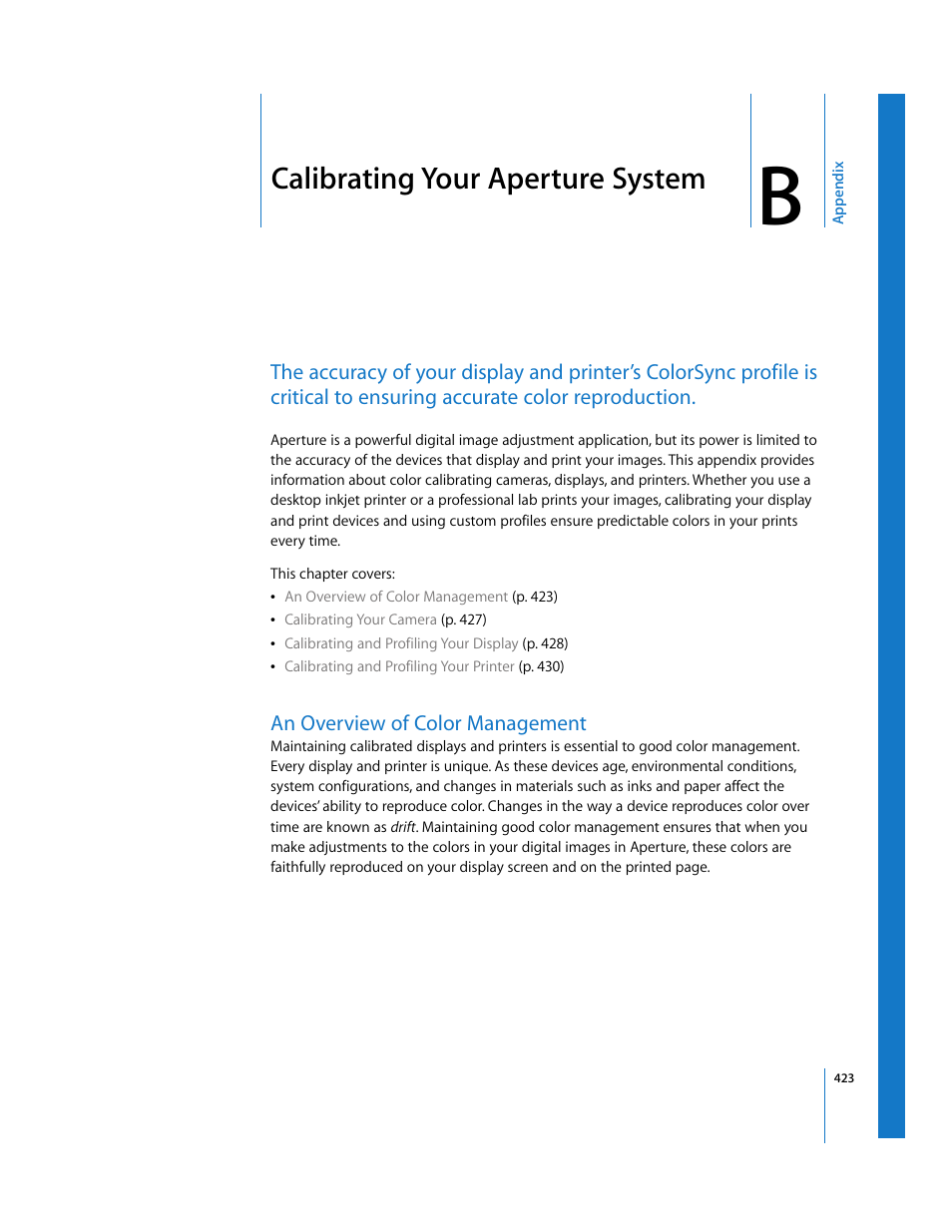 Calibrating your aperture system, An overview of color management, Appendix b | See appendix b, Calibrating, Your aperture system | Apple Aperture User Manual | Page 423 / 476