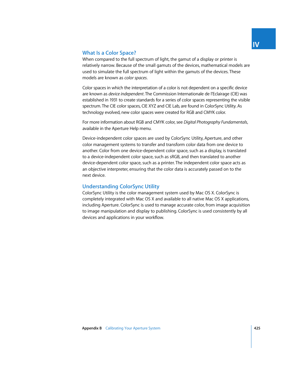 What is a color space, Understanding colorsync utility | Apple Aperture User Manual | Page 425 / 476