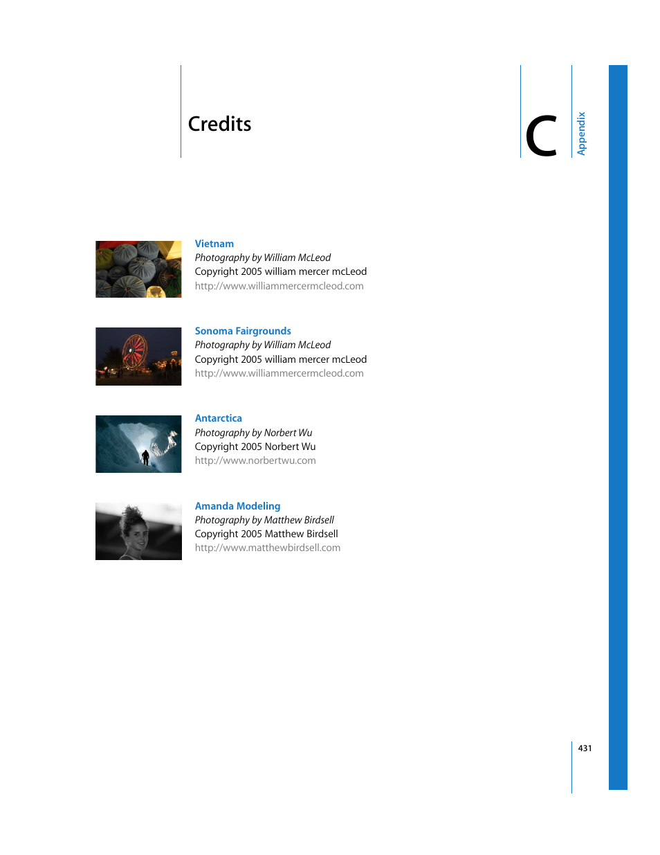 Credits, Appendix c | Apple Aperture User Manual | Page 431 / 476