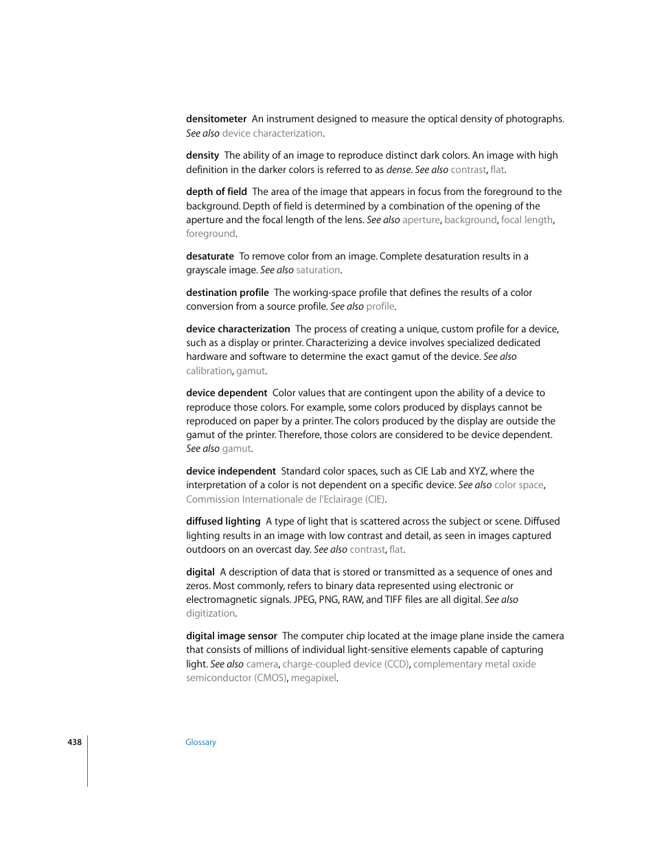 Depth of field, Digital image sensor, Device | Characterization, Device dependent, Device independent, Density | Apple Aperture User Manual | Page 438 / 476