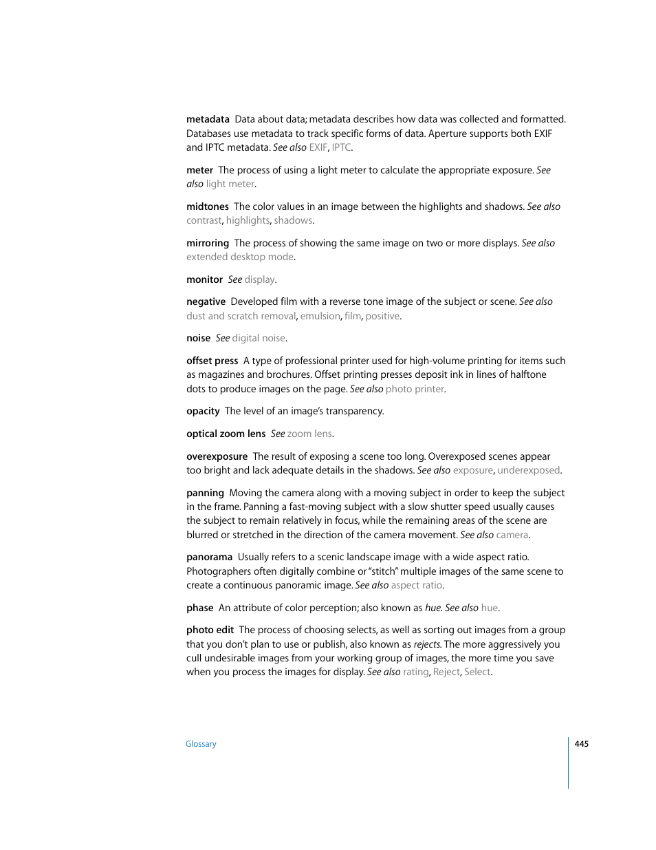 Photo edit, Metadata, Mirroring | Ee also, Meter | Apple Aperture User Manual | Page 445 / 476
