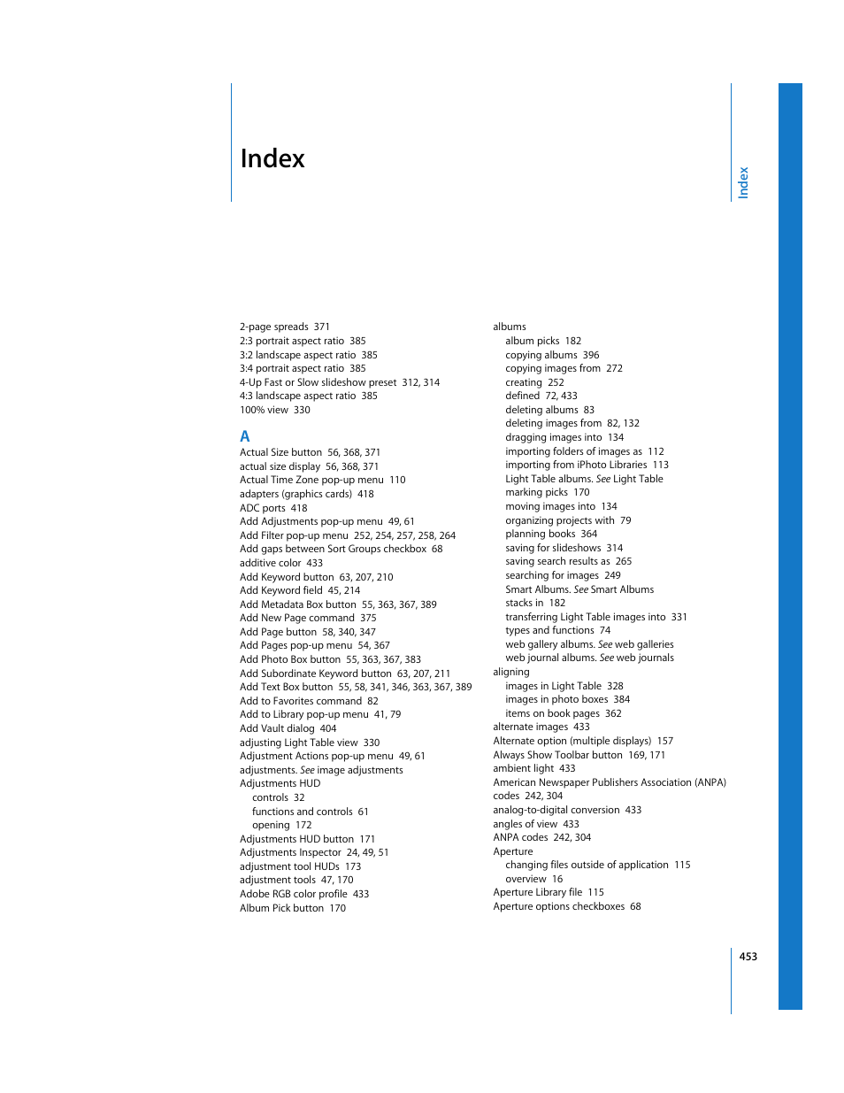 Index | Apple Aperture User Manual | Page 453 / 476