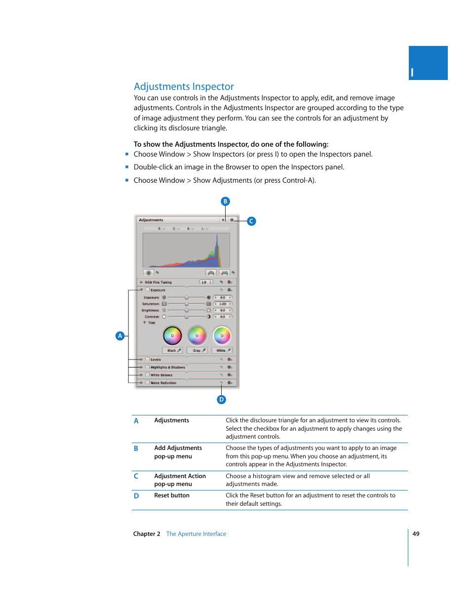 Adjustments inspector, P. 49) | Apple Aperture User Manual | Page 49 / 476