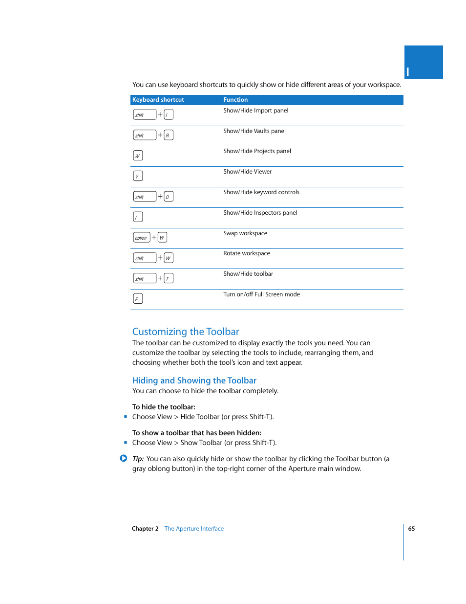 Customizing the toolbar, Hiding and showing the toolbar, P. 65) | Apple Aperture User Manual | Page 65 / 476