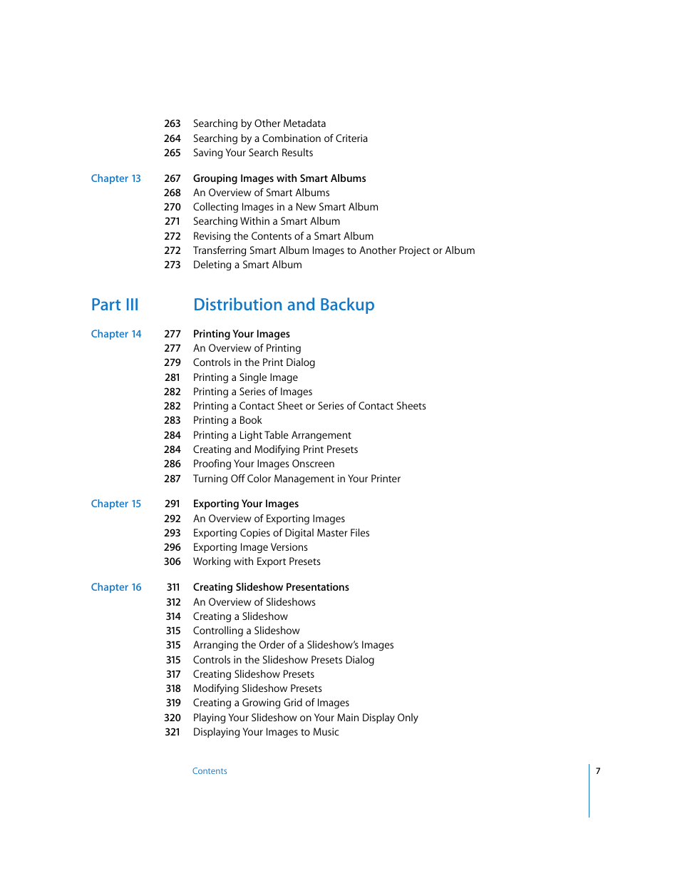 Part iii distribution and backup | Apple Aperture User Manual | Page 7 / 476