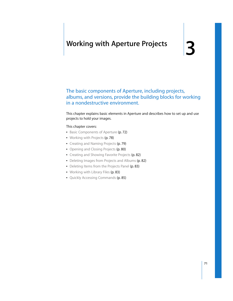 Working with aperture projects, Chapter 3, See chapter 3 | Working with, Aperture projects, Working with aperture, Projects | Apple Aperture User Manual | Page 71 / 476