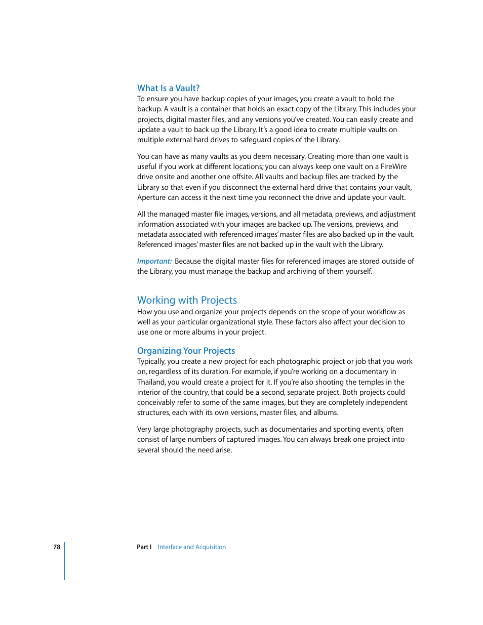 What is a vault, Working with projects, Organizing your projects | P. 78) | Apple Aperture User Manual | Page 78 / 476