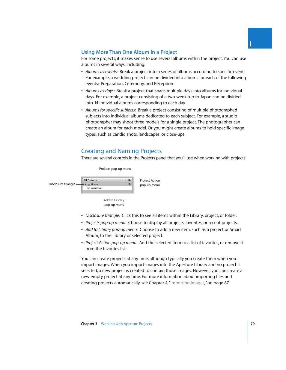 Using more than one album in a project, Creating and naming projects, P. 79) | Apple Aperture User Manual | Page 79 / 476