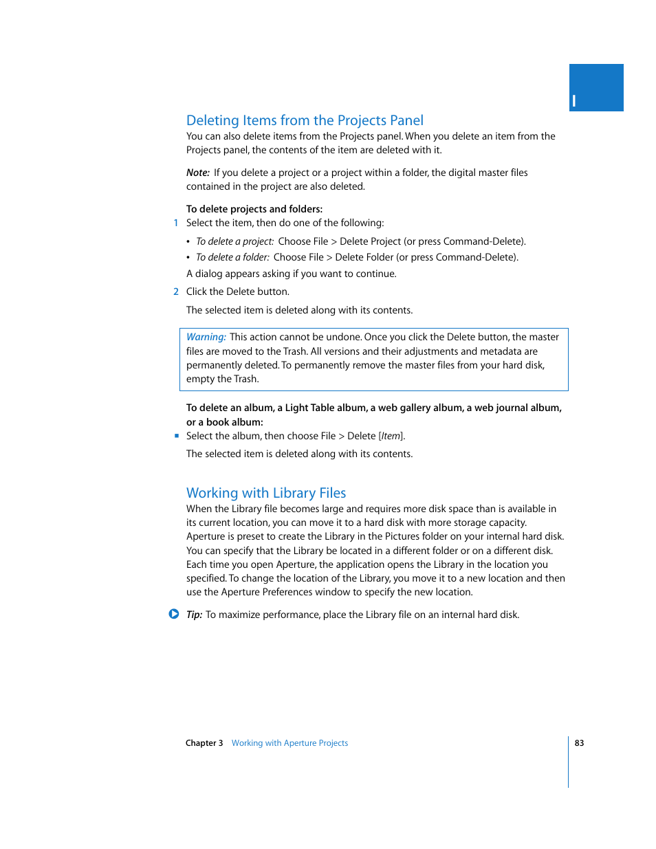 Deleting items from the projects panel, Working with library files, P. 83) | Working, With library files | Apple Aperture User Manual | Page 83 / 476