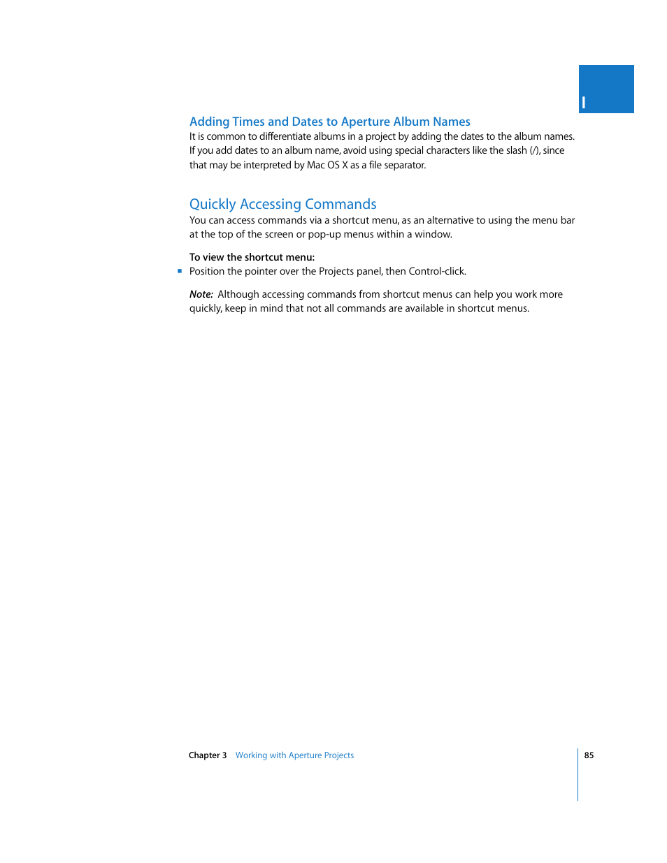 Adding times and dates to aperture album names, Quickly accessing commands, P. 85) | Apple Aperture User Manual | Page 85 / 476