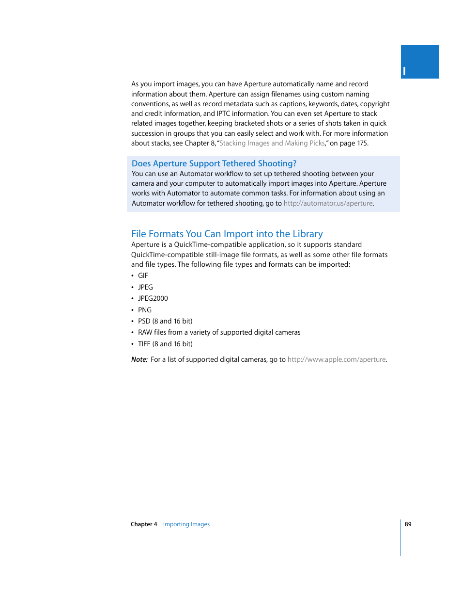 Does aperture support tethered shooting, File formats you can import into the library, P. 89) | Apple Aperture User Manual | Page 89 / 476