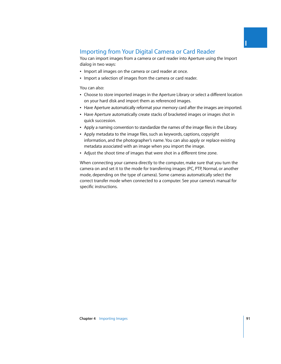 Importing from your digital camera or card reader, P. 91) | Apple Aperture User Manual | Page 91 / 476