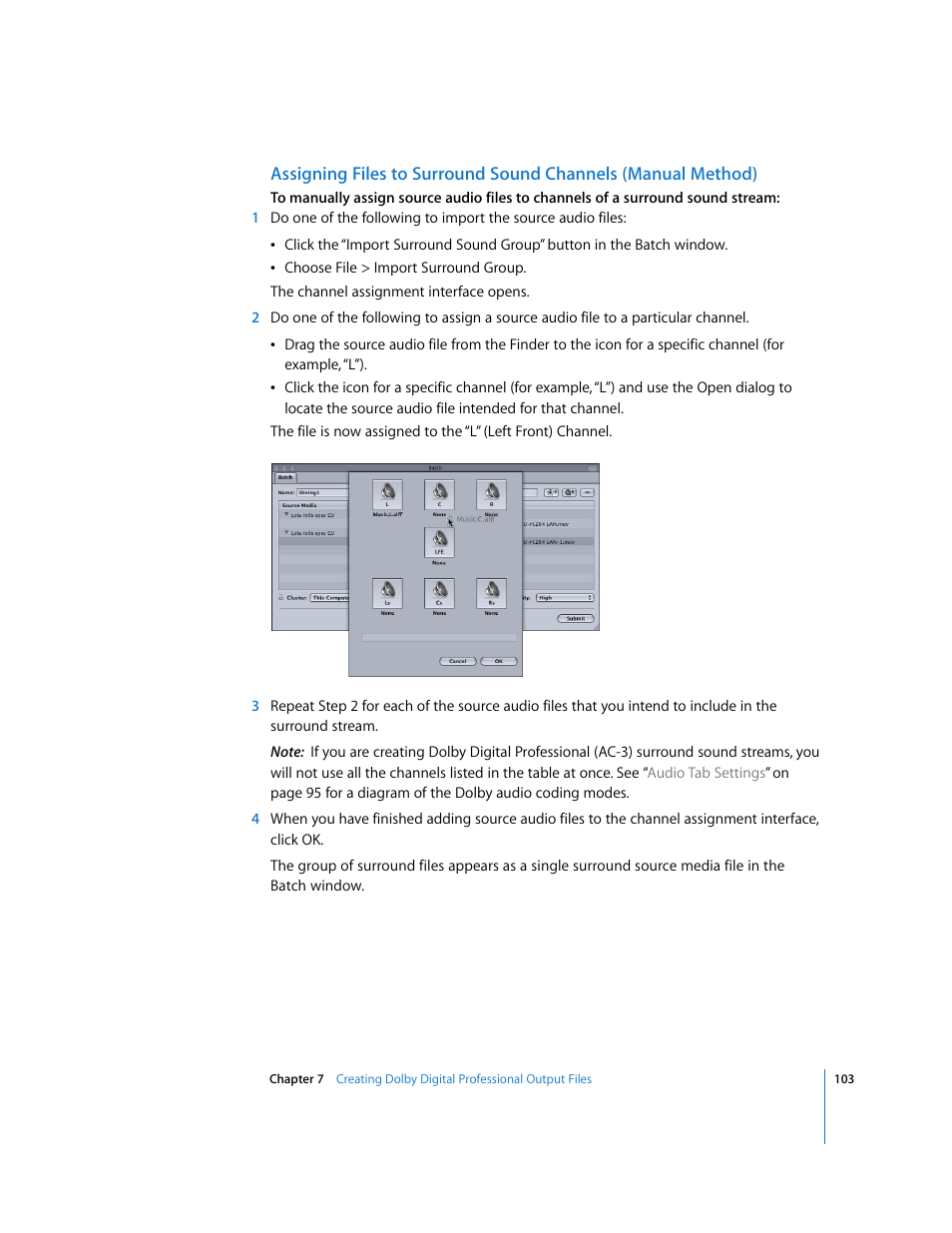 Assigning files to, Surround sound channels (manual method), Assigning files to surround sound | Channels (manual method) | Apple Compressor 2 User Manual | Page 103 / 263