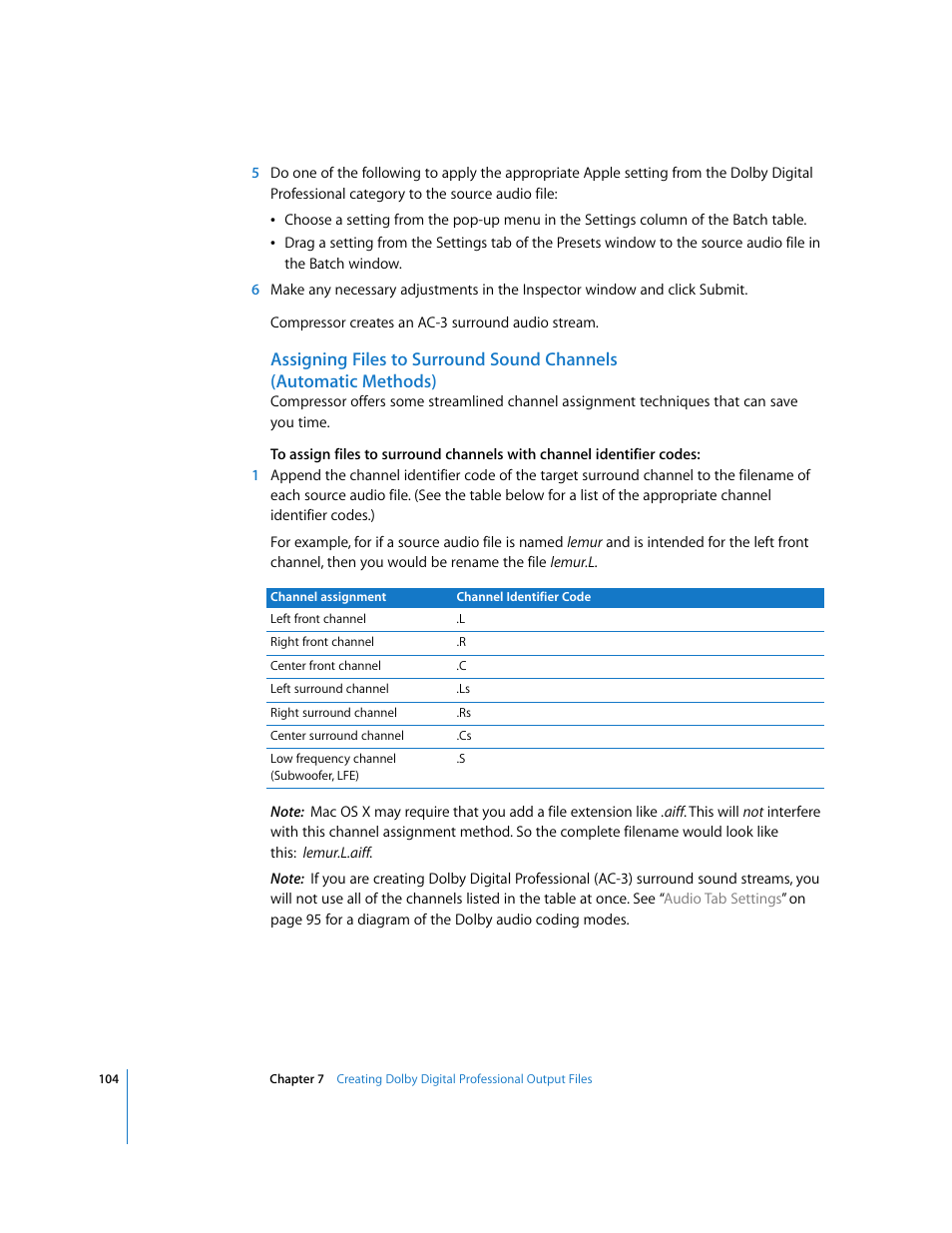 Assigning files to, Surround sound channels (automatic methods), Assigning files to surround sound channels | Automatic methods) | Apple Compressor 2 User Manual | Page 104 / 263