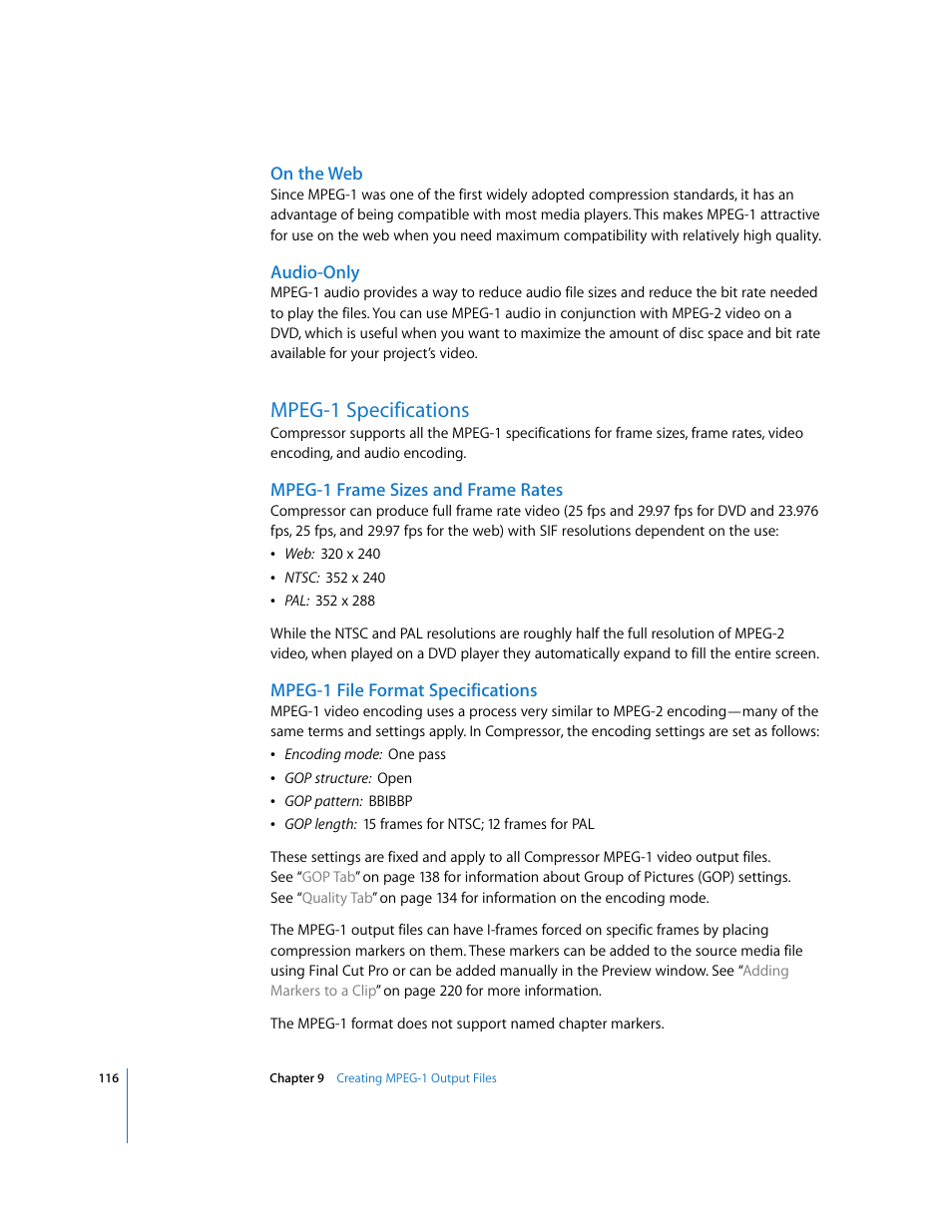 On the web, Audio-only, Mpeg-1 specifications | Mpeg-1 frame sizes and frame rates, Mpeg-1 file format specifications, P. 116) | Apple Compressor 2 User Manual | Page 116 / 263