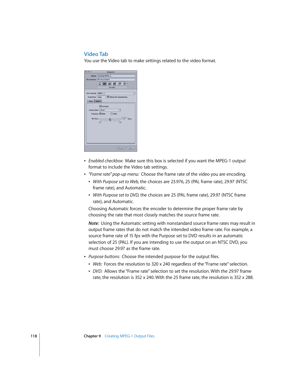 Video tab | Apple Compressor 2 User Manual | Page 118 / 263