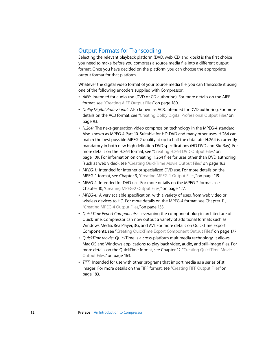 Output formats for transcoding, Output, Formats for transcoding | Apple Compressor 2 User Manual | Page 12 / 263