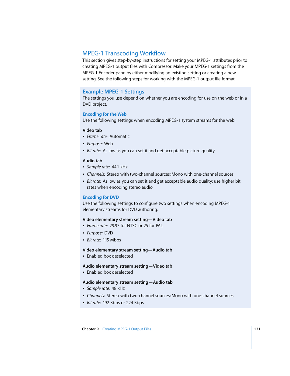 Mpeg-1 transcoding workflow, Example mpeg-1 settings, P. 121) | Apple Compressor 2 User Manual | Page 121 / 263
