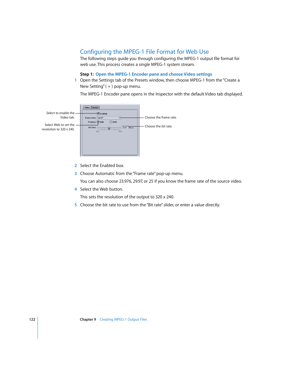 Configuring the mpeg-1 file format for web use, P. 122) | Apple Compressor 2 User Manual | Page 122 / 263