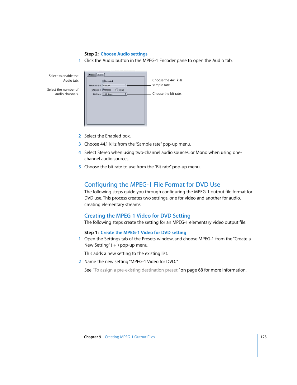 Configuring the mpeg-1 file format for dvd use, Creating the mpeg-1 video for dvd setting, P. 123) | Apple Compressor 2 User Manual | Page 123 / 263