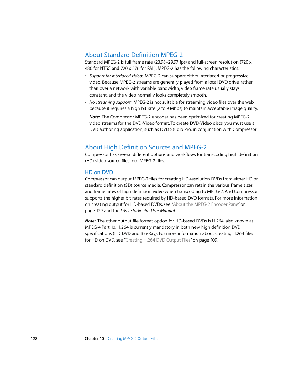 About standard definition mpeg-2, About high definition sources and mpeg-2, Hd on dvd | P. 128) | Apple Compressor 2 User Manual | Page 128 / 263