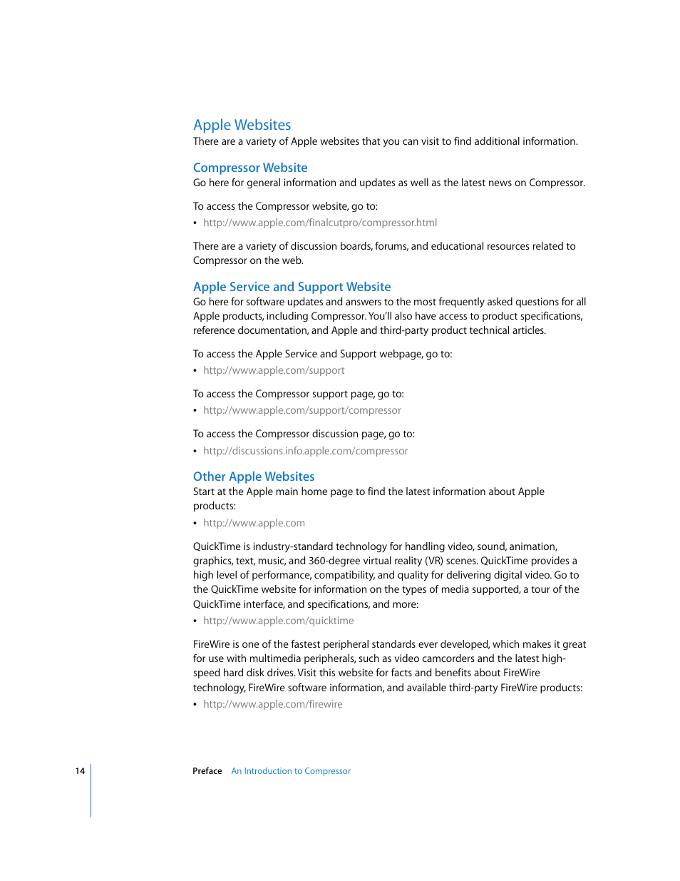 Apple websites, Compressor website, Apple service and support website | Other apple websites | Apple Compressor 2 User Manual | Page 14 / 263