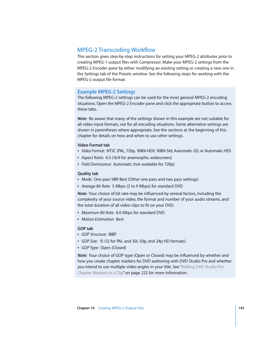 Mpeg-2 transcoding workflow, Example mpeg-2 settings, P. 145) | Apple Compressor 2 User Manual | Page 145 / 263
