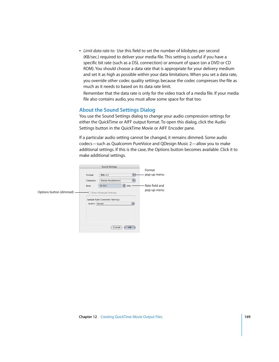 About the sound settings dialog, About the sound settings, Dialog | Apple Compressor 2 User Manual | Page 169 / 263