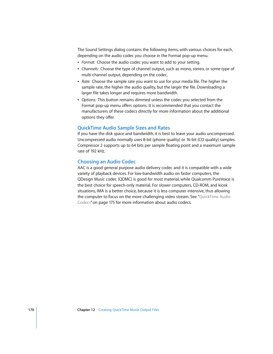 Quicktime audio sample sizes and rates, Choosing an audio codec | Apple Compressor 2 User Manual | Page 170 / 263