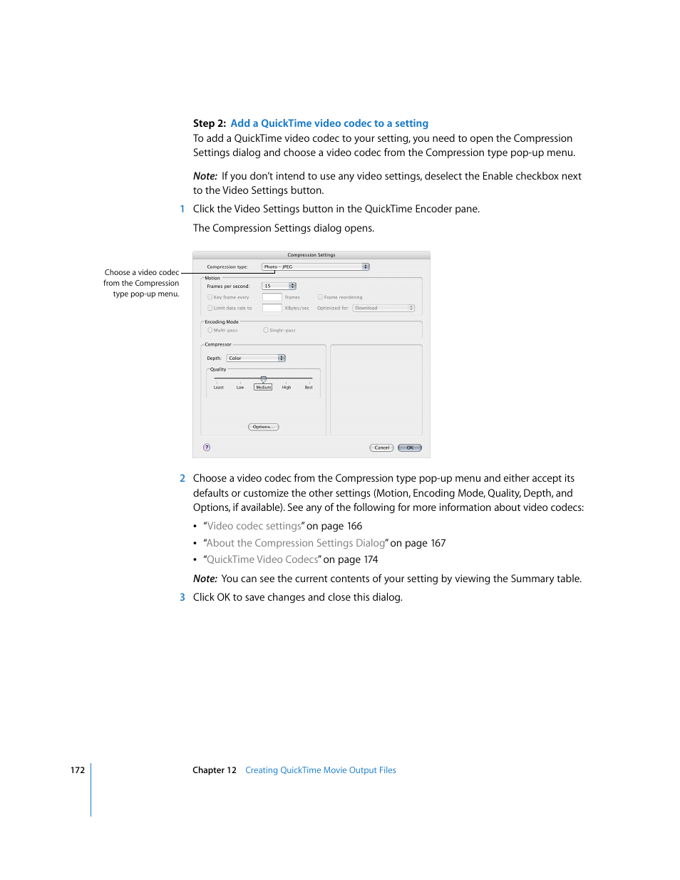 Add a, Quicktime video codec to a setting | Apple Compressor 2 User Manual | Page 172 / 263