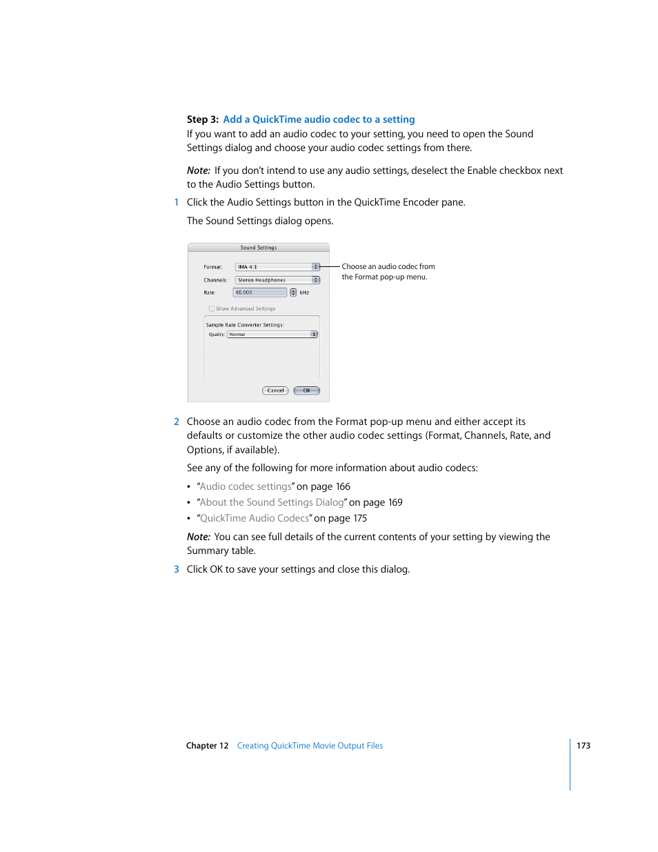 Add a, Quicktime audio codec to a setting | Apple Compressor 2 User Manual | Page 173 / 263