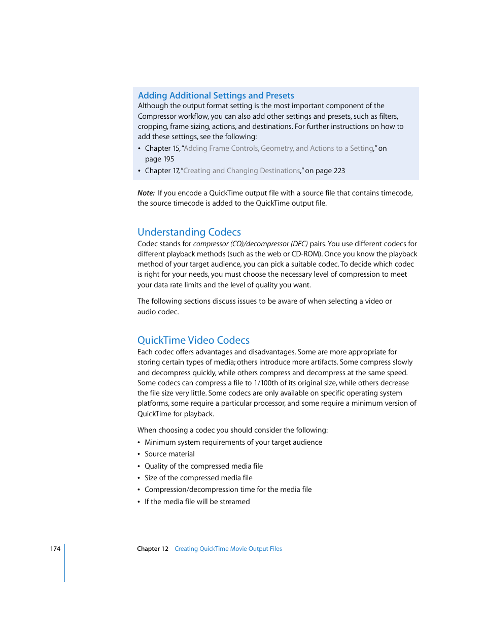 Adding additional settings and presets, Understanding codecs, Quicktime video codecs | P. 174) | Apple Compressor 2 User Manual | Page 174 / 263