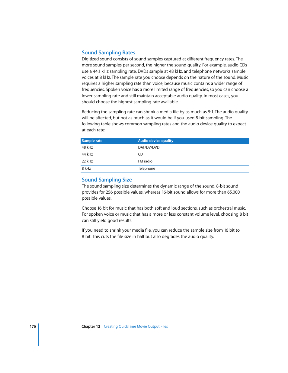Sound sampling rates, Sound sampling size | Apple Compressor 2 User Manual | Page 176 / 263