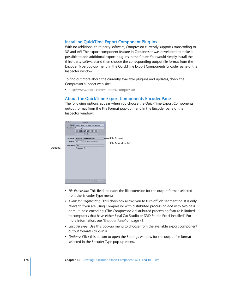 Installing quicktime export component plug-ins, About the quicktime export components encoder pane | Apple Compressor 2 User Manual | Page 178 / 263