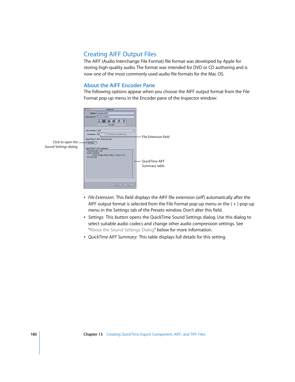 Creating aiff output files, About the aiff encoder pane, P. 180) | Apple Compressor 2 User Manual | Page 180 / 263