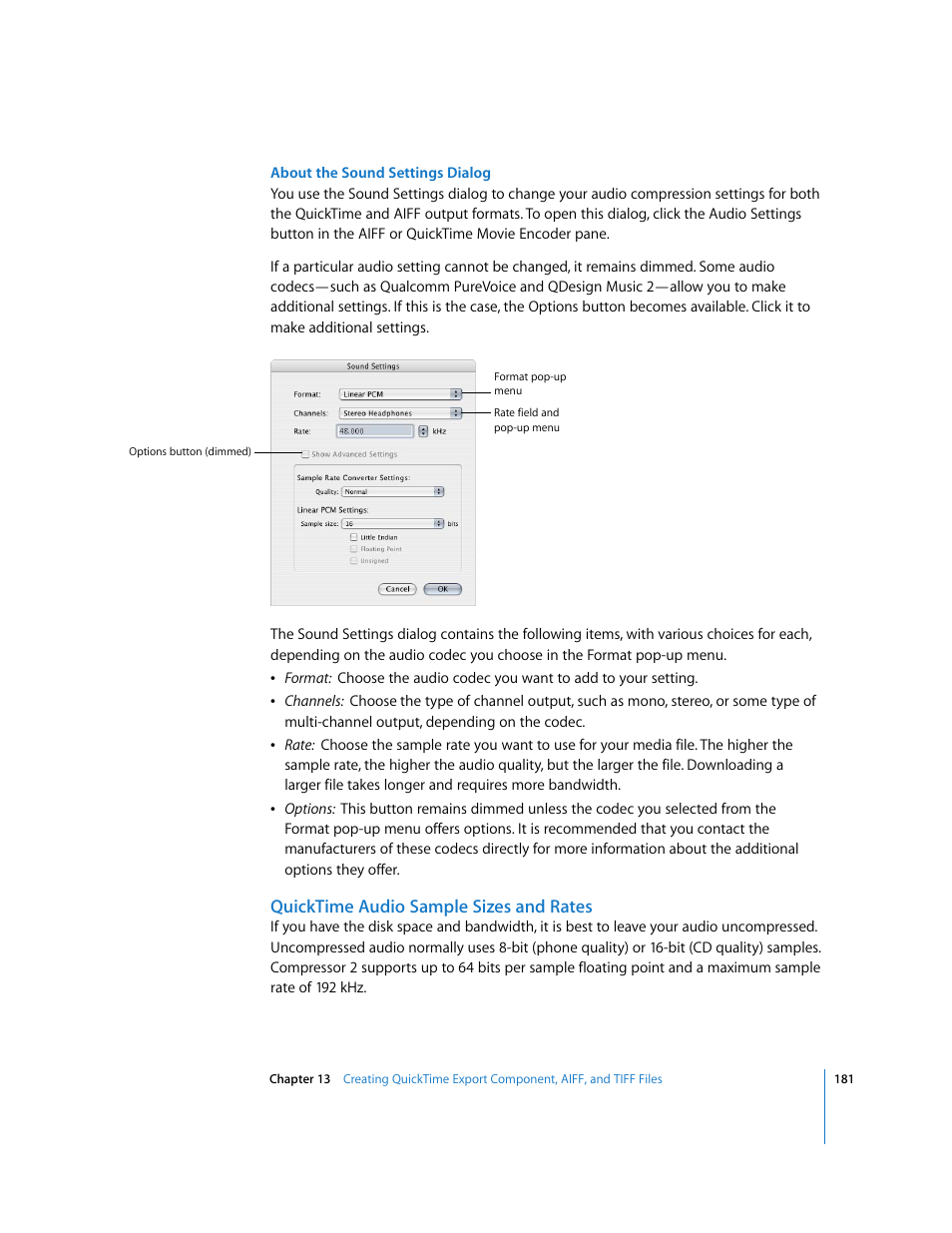 Quicktime audio sample sizes and rates | Apple Compressor 2 User Manual | Page 181 / 263