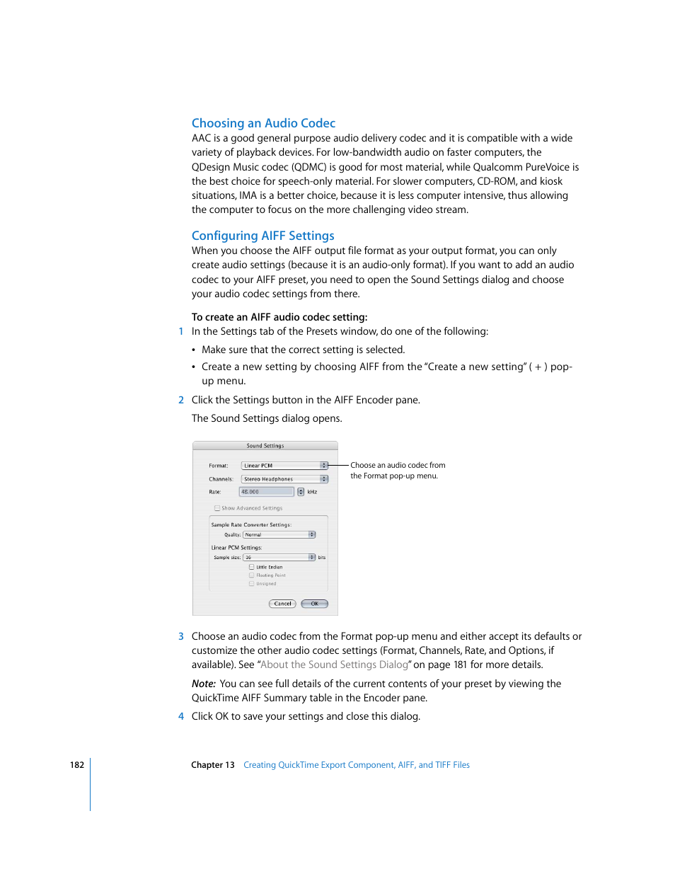 Choosing an audio codec, Configuring aiff settings | Apple Compressor 2 User Manual | Page 182 / 263